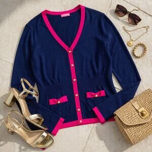 Lilly Pulitzer Navy Pink Trim Cardigan Gold Buttons Bow Detail Size L